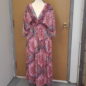 Paani Size S Pink Paisley Printed Satin Flowy V- Neck Maxi Dress